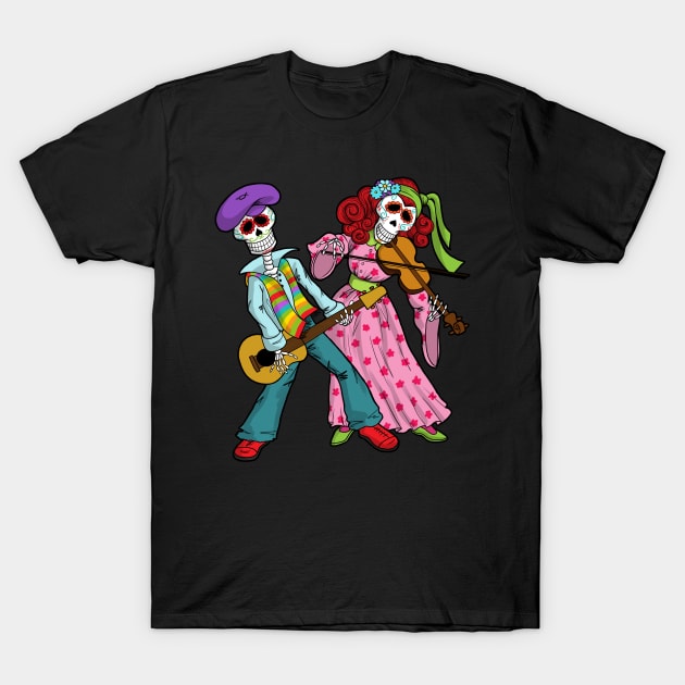 Sugar Skull Skeleton Musicians T-Shirt by StacysCellar